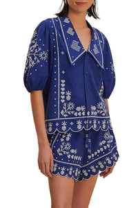 Short brodé en lin - Bleu