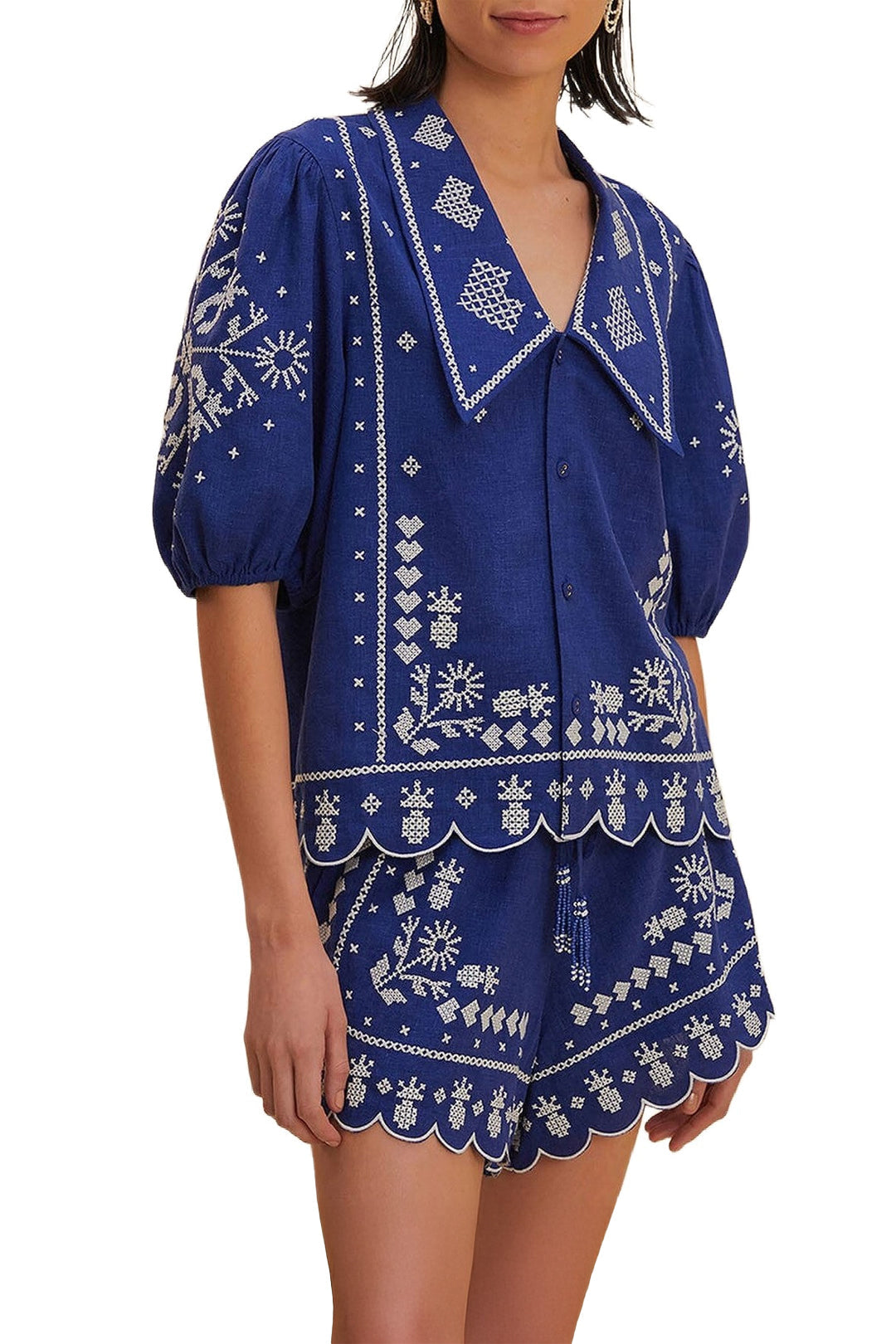 Short brodé en lin - Bleu