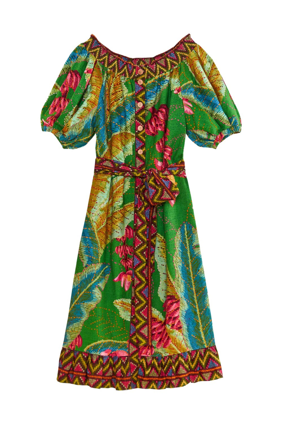 Robe midi Banana Leaves à épaules dénudées en lin - Vert