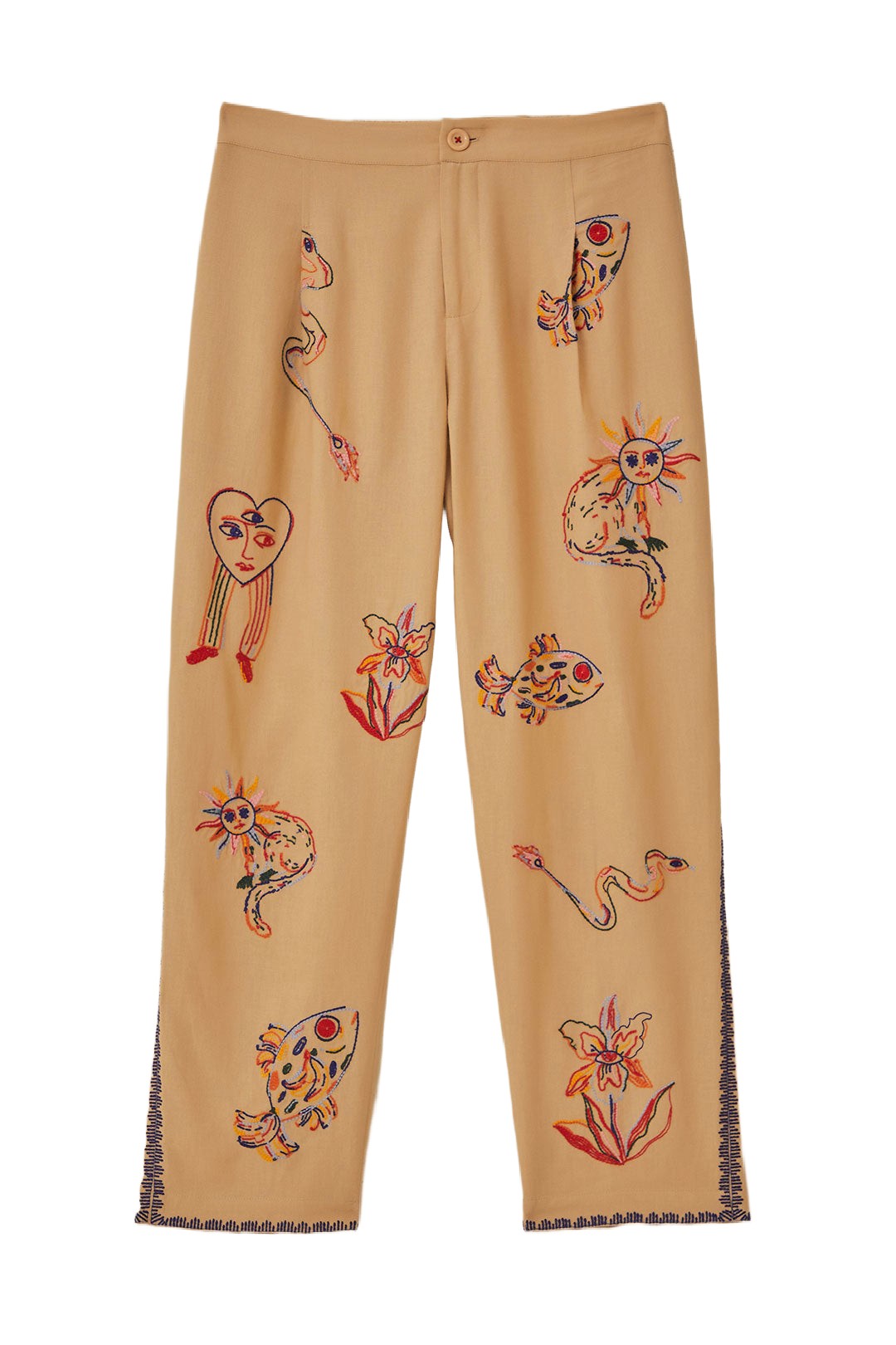 Pantalon brodé en lin - Beige