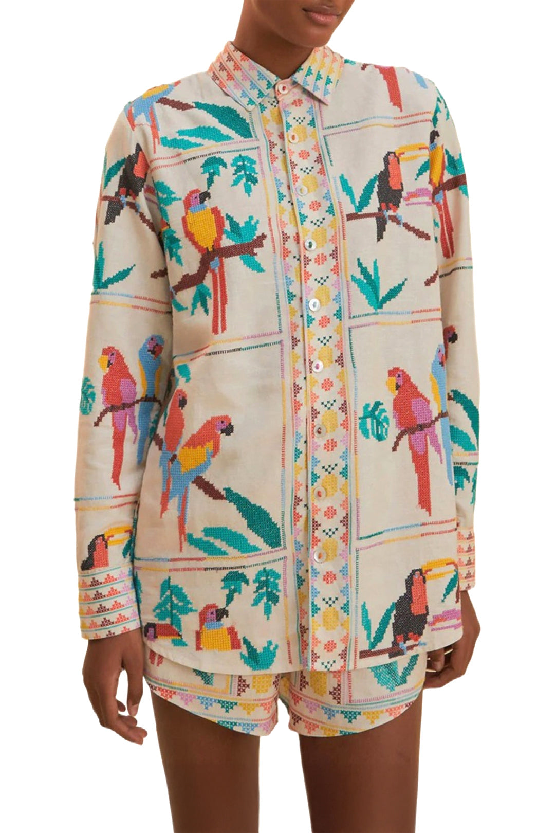 Short Stitched Birds en lin - Blanc