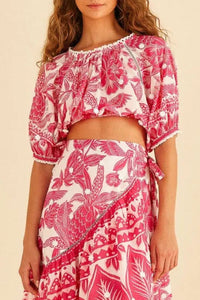 Blouse courte Tropical Woodcut en coton - Rose