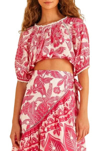 Blouse courte Tropical Woodcut en coton - Rose