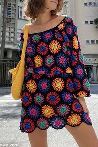 Robe courte à fleurs en crochet en coton - Multicolore