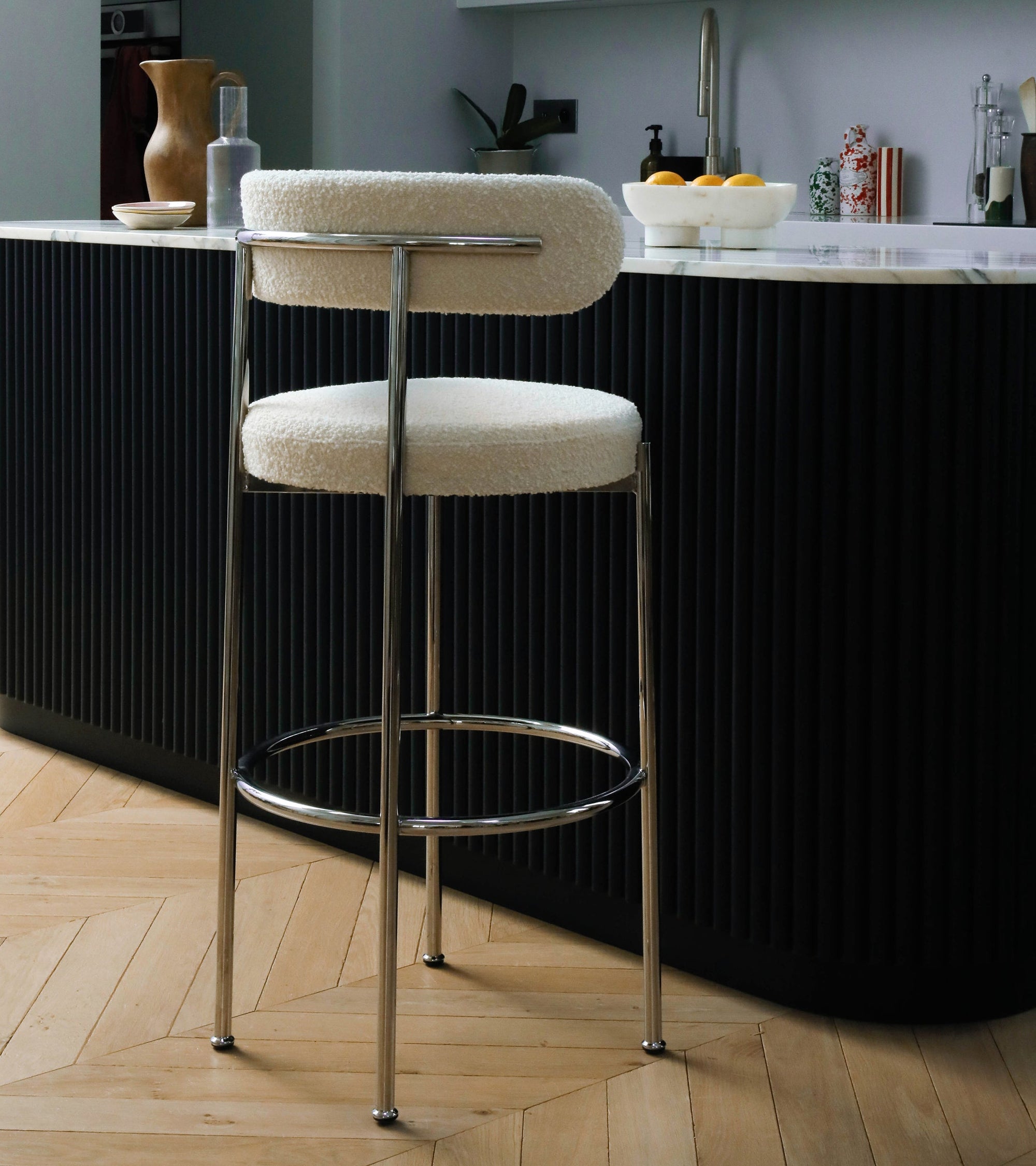 Chaise de bar Libera en laine bouclée - Blanc crème