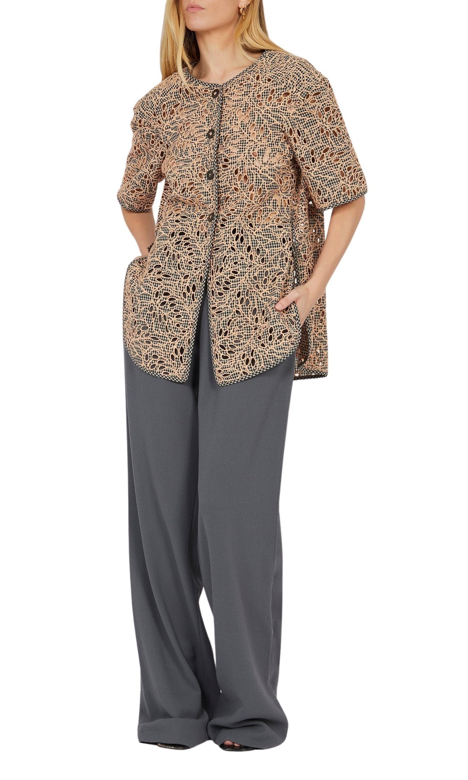 Pantalon large élastiqué en crêpe de laine - Mixed grey