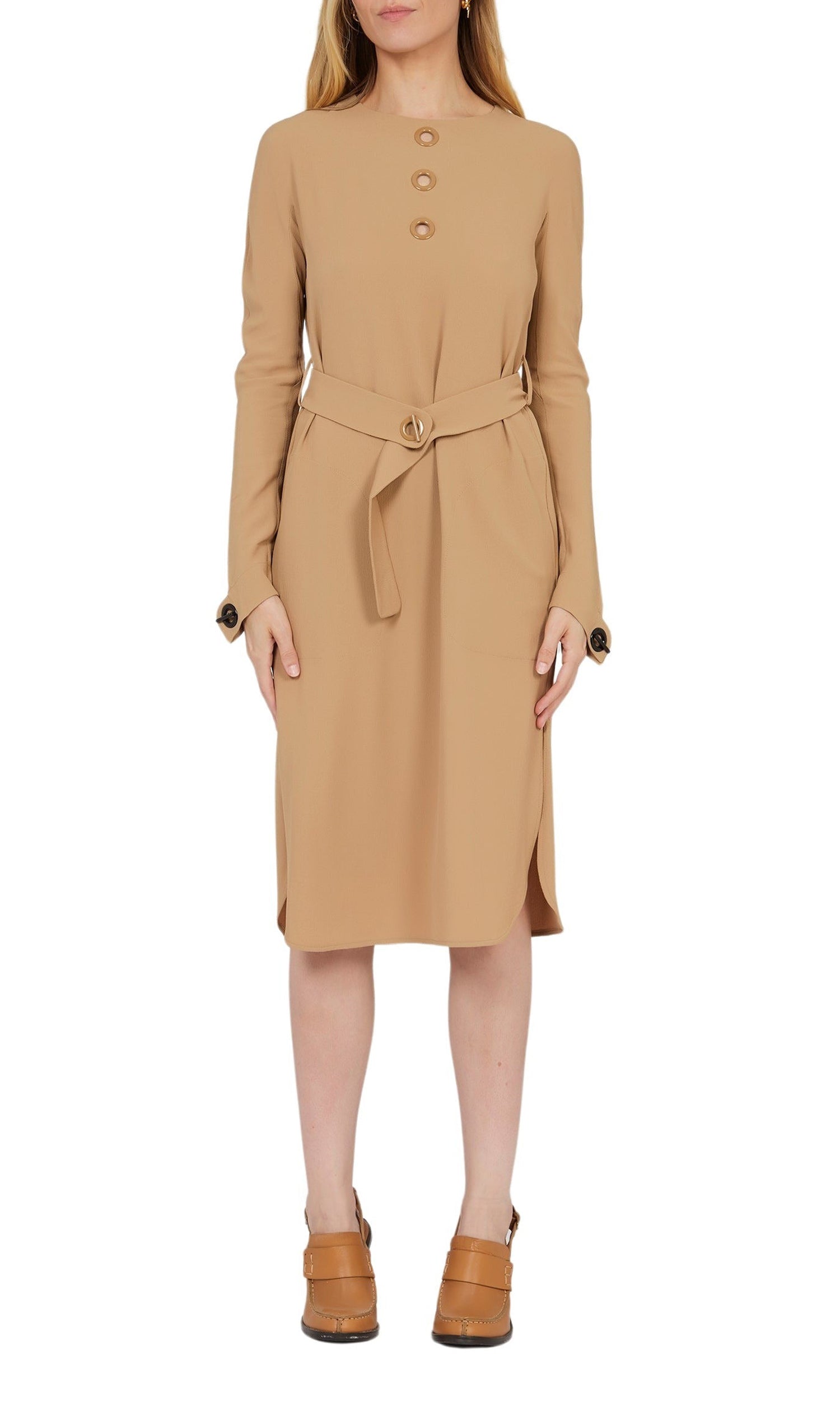 Robe midi ceinturée perforée - Camel