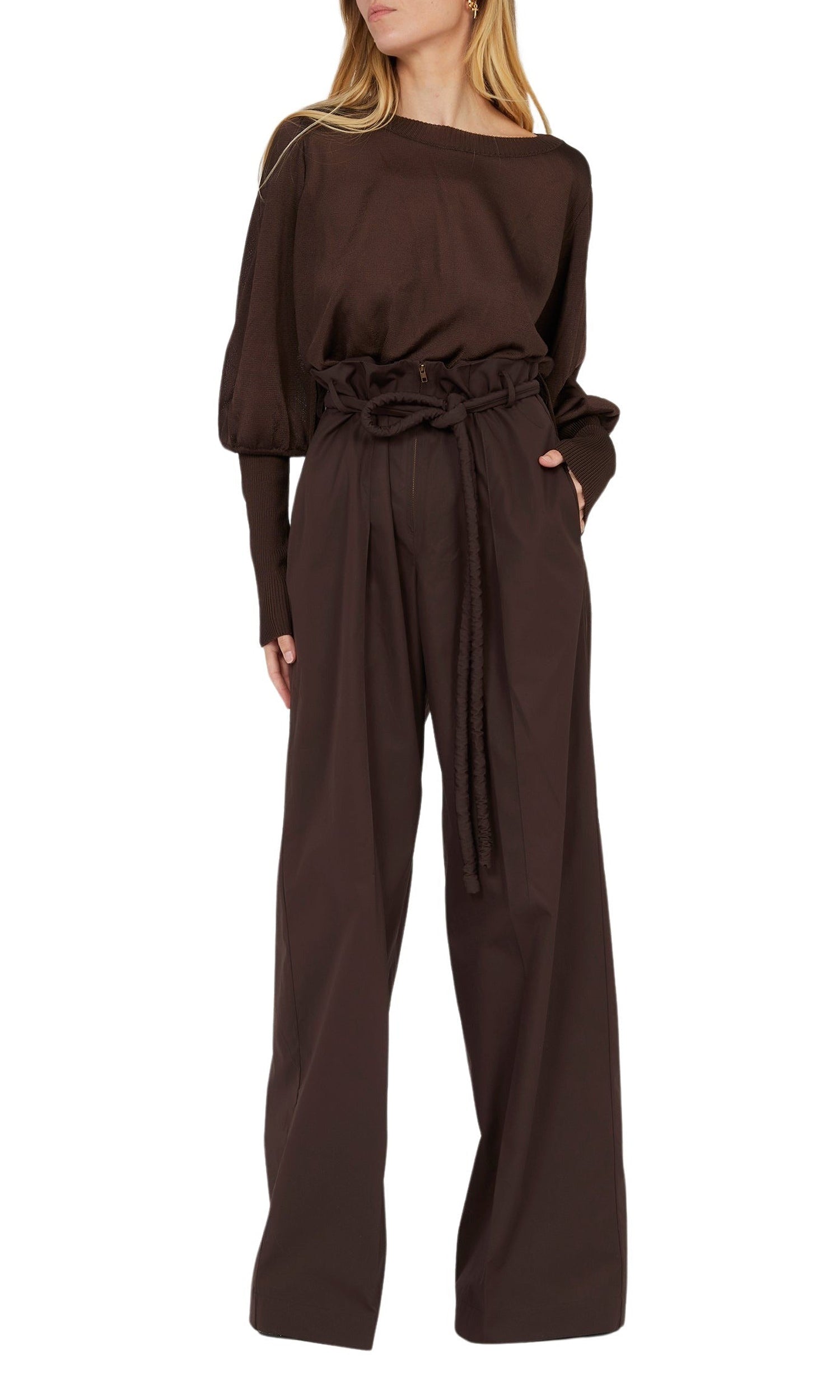 Pantalon à ceinture corde zippée sur le devant - Choco