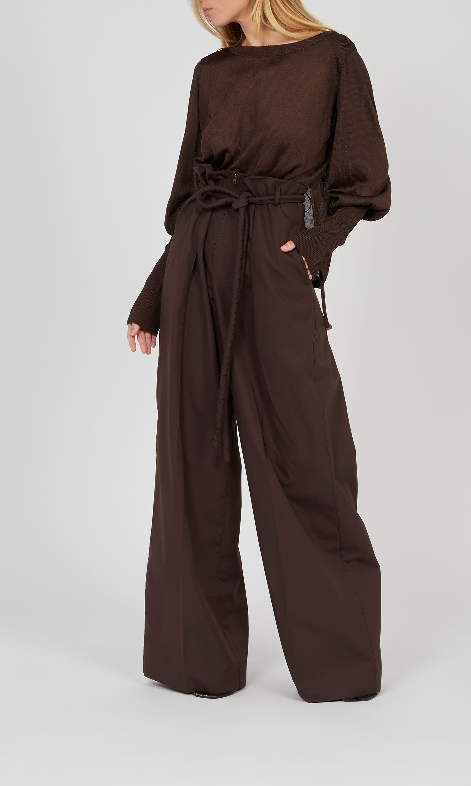 Pantalon à ceinture corde zippée sur le devant - Choco