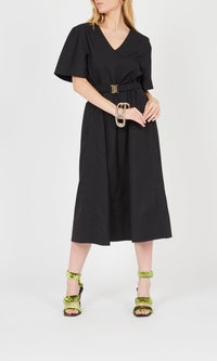 Robe midi col V à manches courtes - Noir