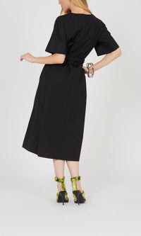 Robe midi col V à manches courtes - Noir