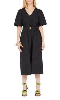Robe midi col V à manches courtes - Noir