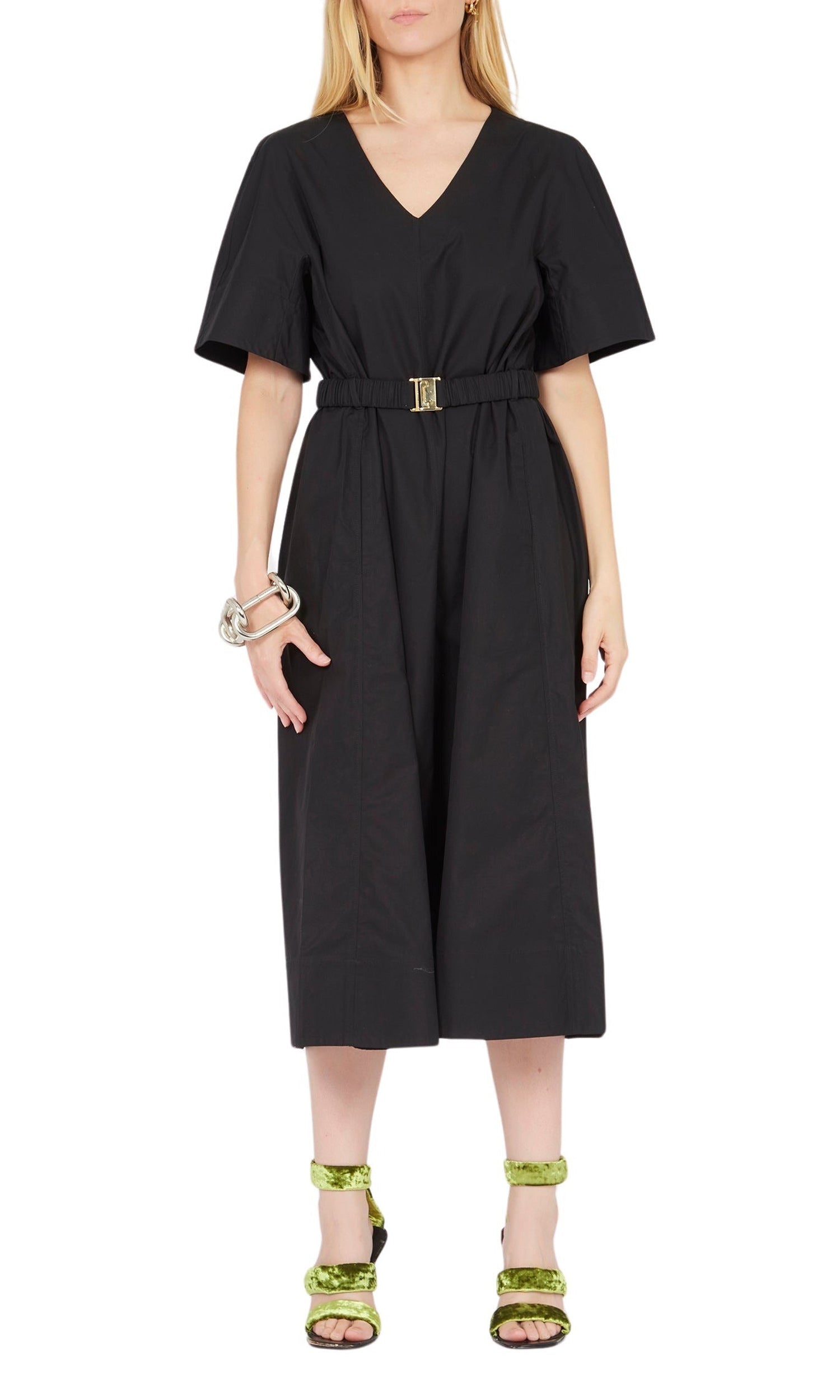 Robe midi col V à manches courtes - Noir