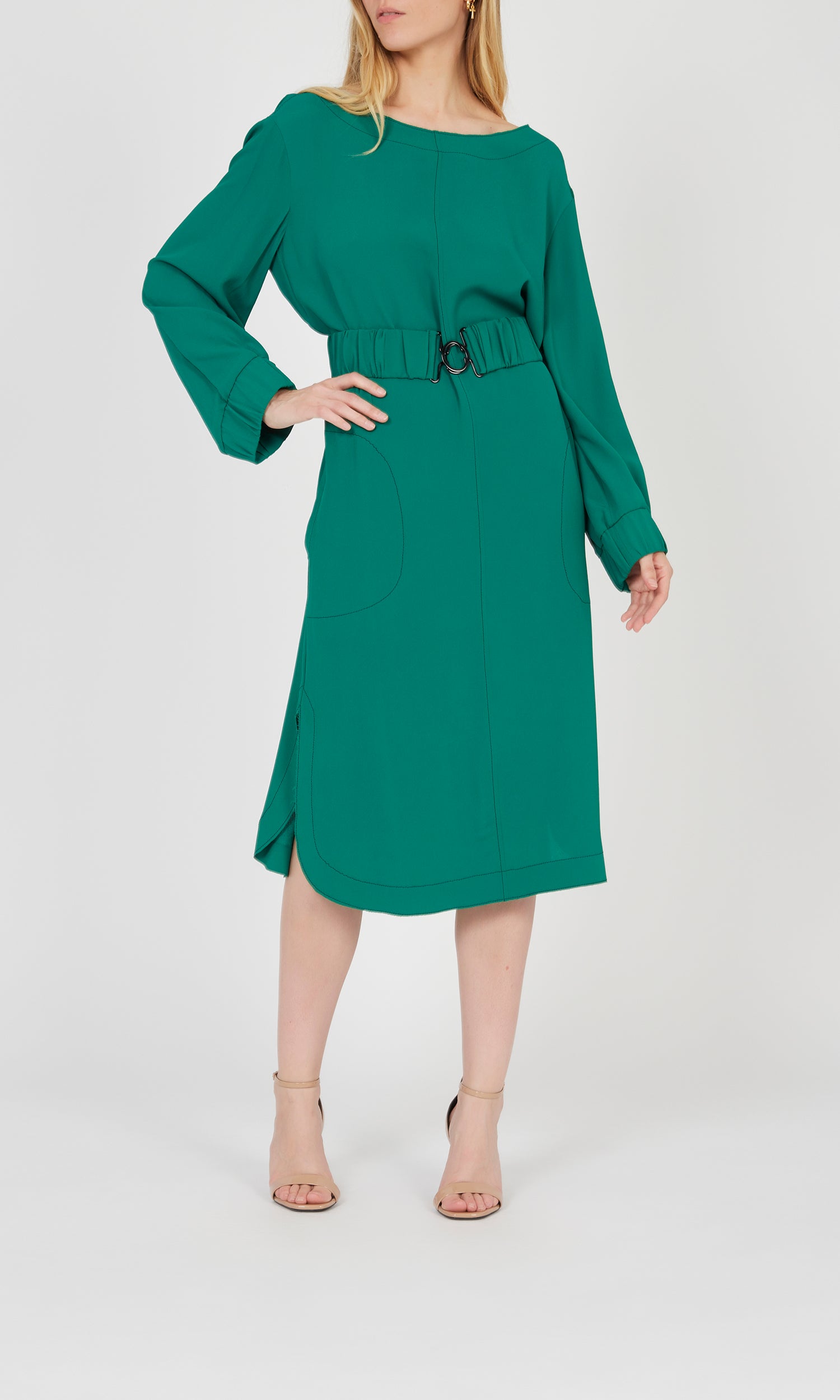 Robe col bateau à manches élastiques - Green
