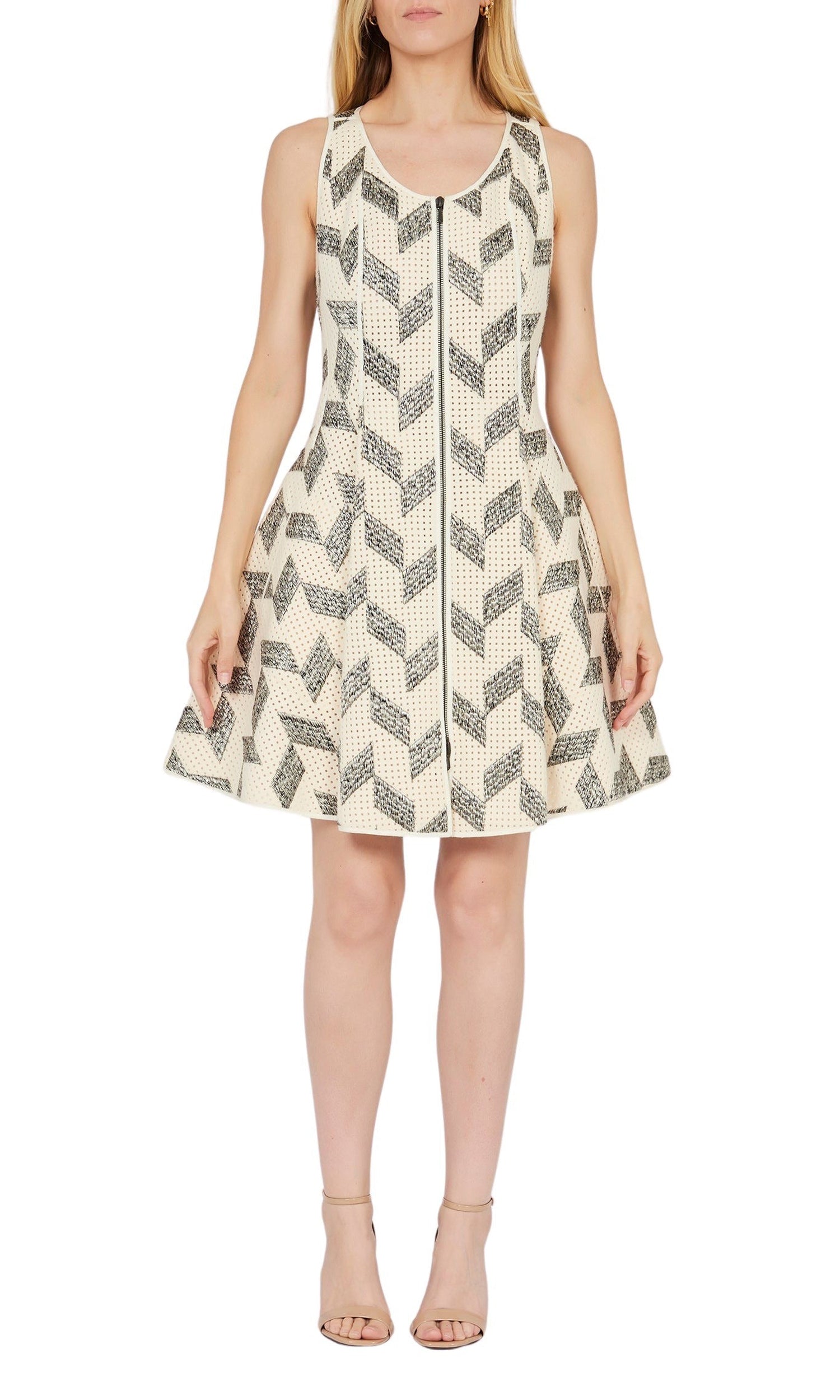Robe courte zippée en laine perforée et brodée - Ivoire