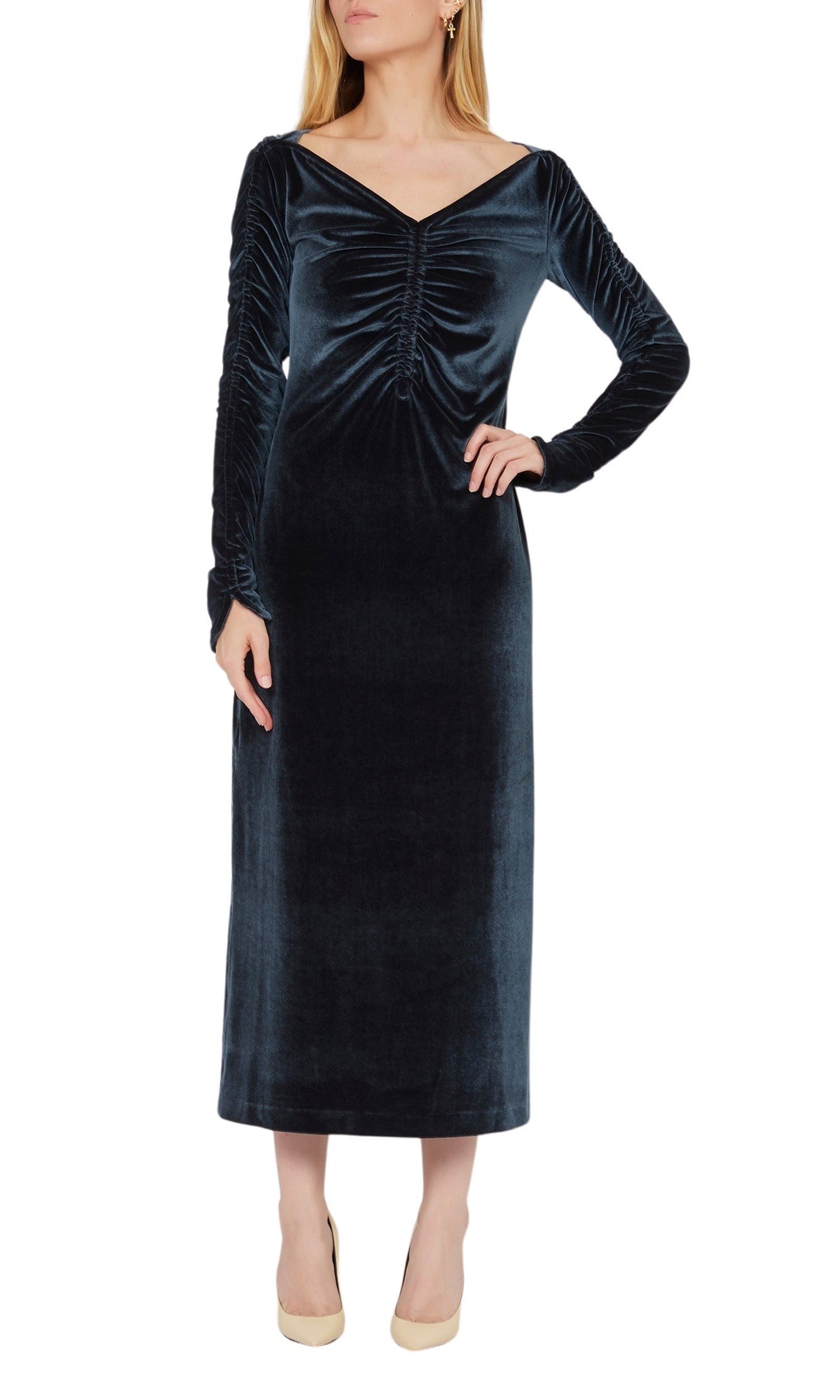Robe à col V bateau en velours - Charbon