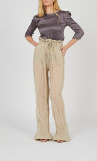 Pantalon froissé métallique à ceinture - Beige