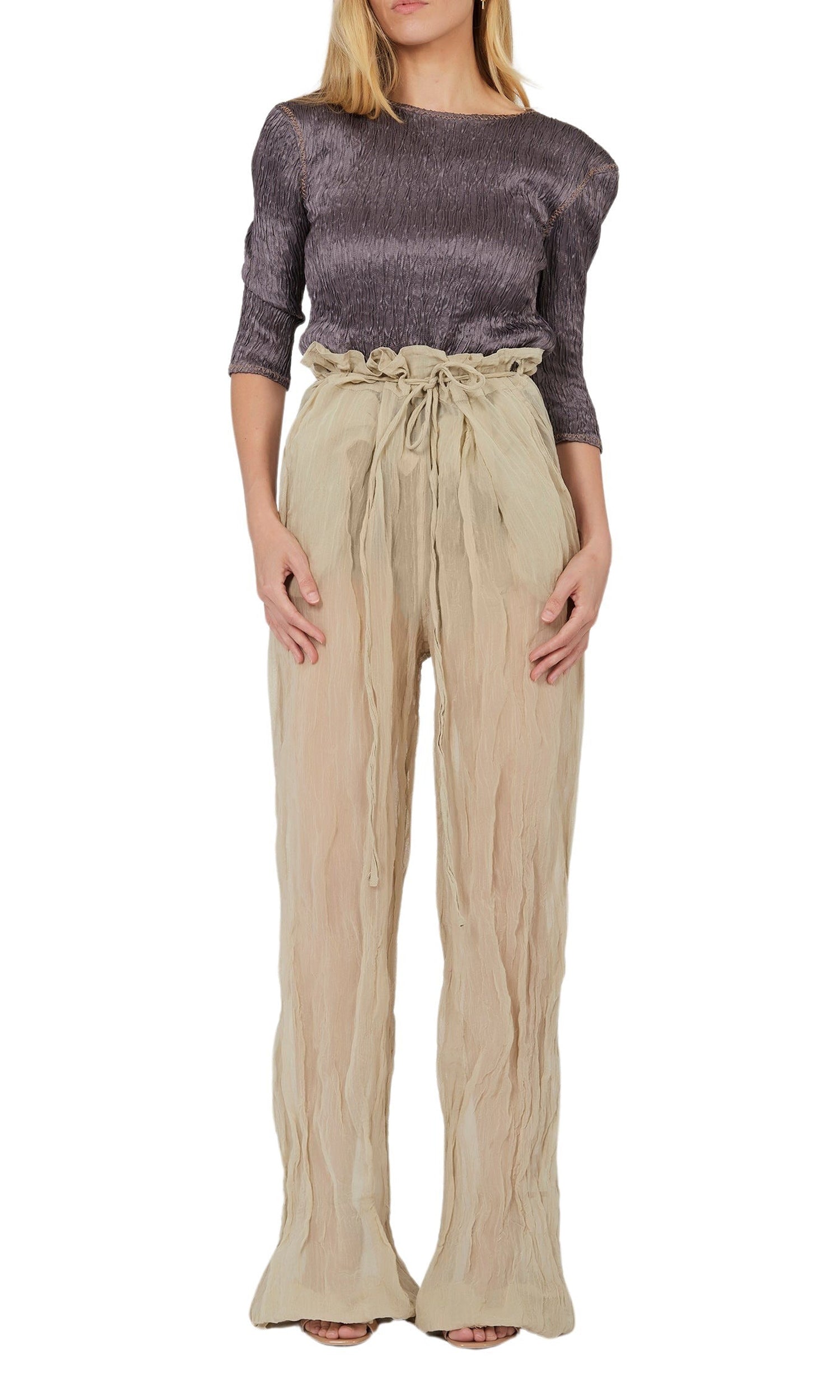 Pantalon froissé métallique à ceinture - Beige