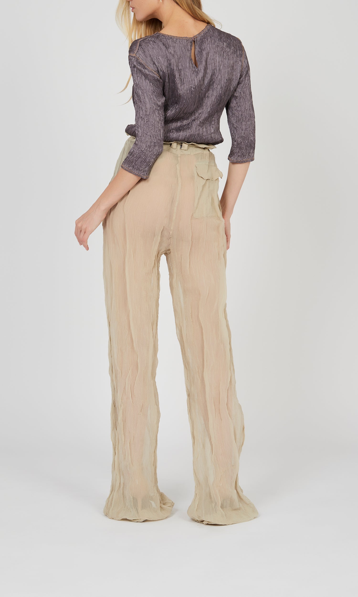 Pantalon froissé métallique à ceinture - Beige