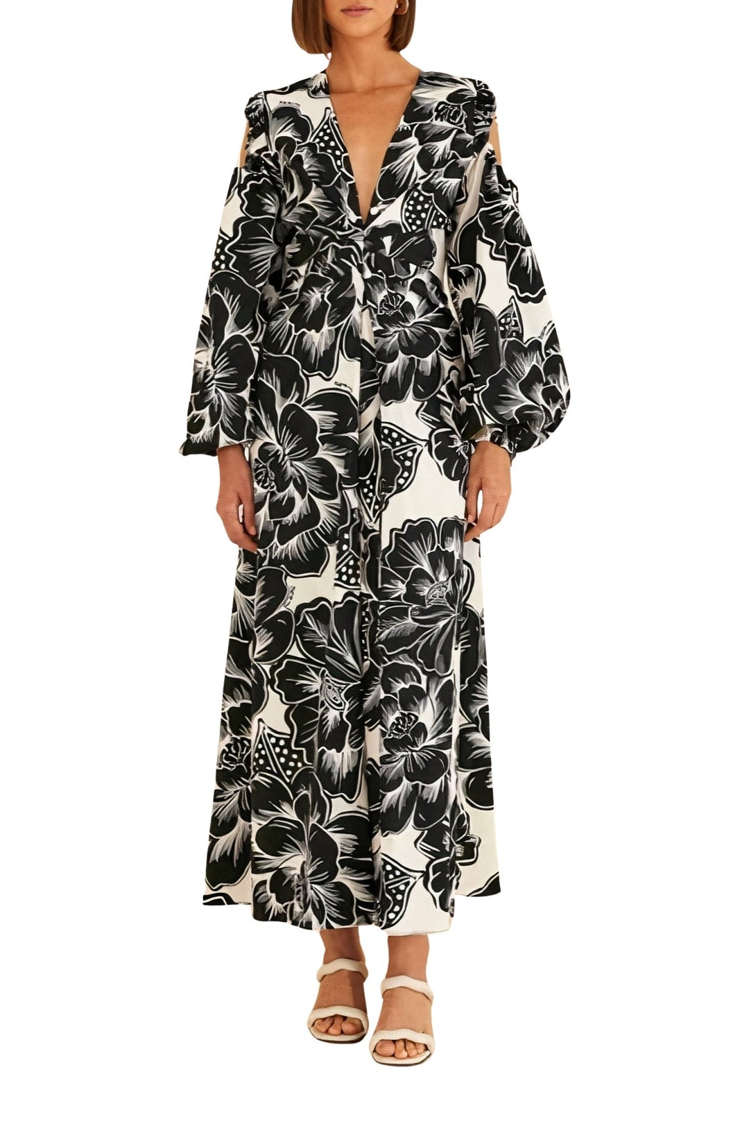 Robe longue Chita Woodcut à encolure en V en coton - Blanc