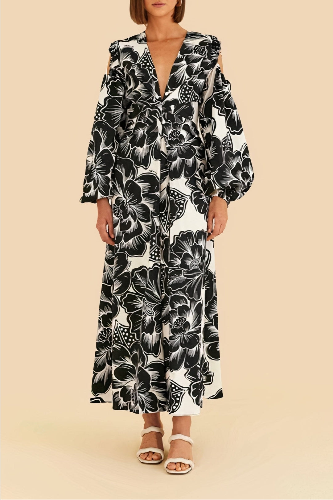 Robe longue Chita Woodcut à encolure en V en coton - Blanc