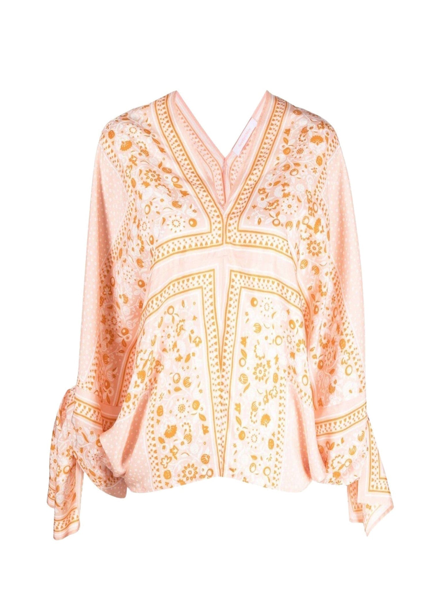 Top col V en soie - Orange & White