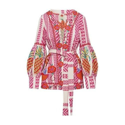 Kimono brodé en jacquard en coton - Rose