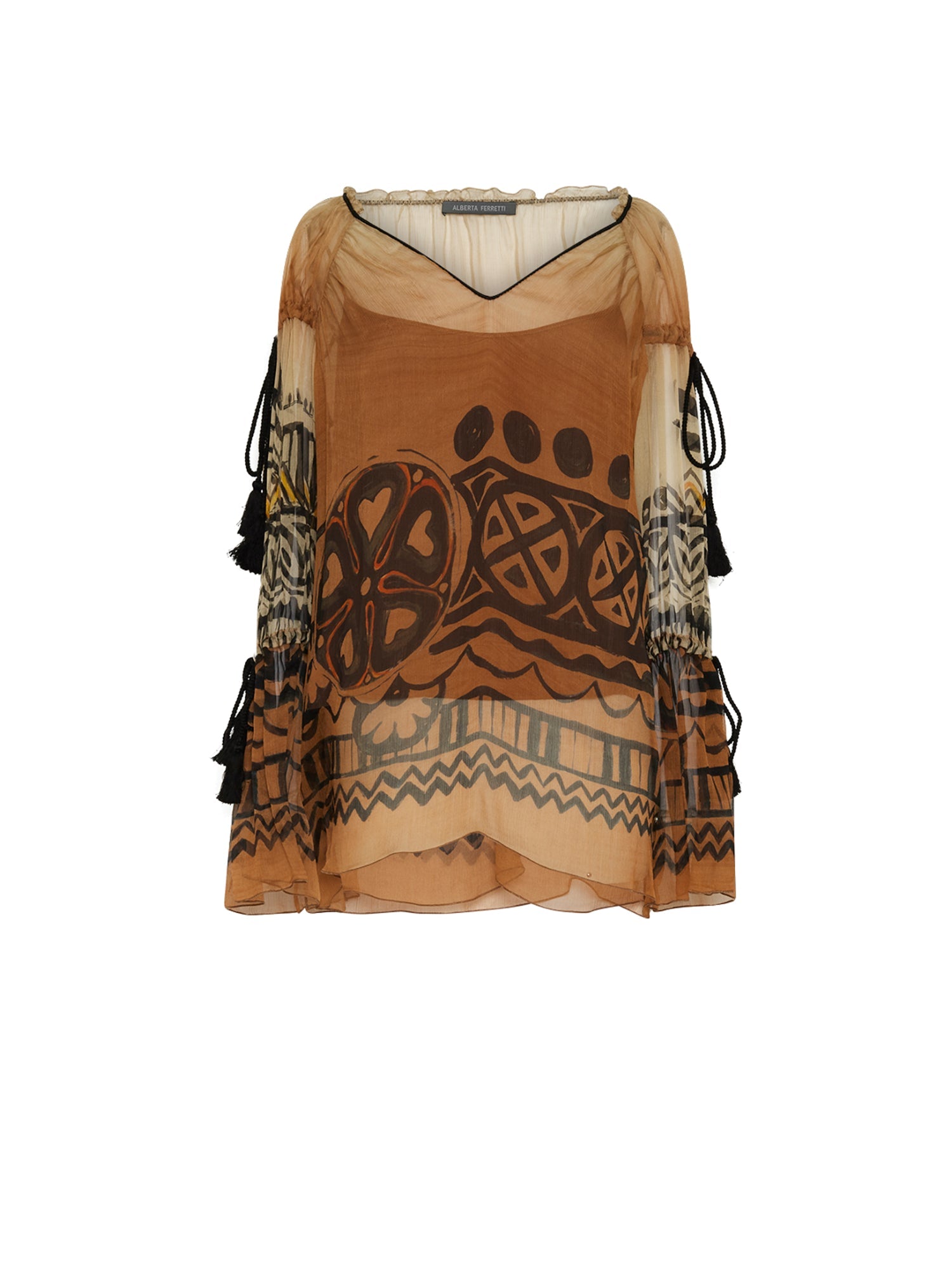 Blouse A.Ferretti détails pompons en soie  - Marron