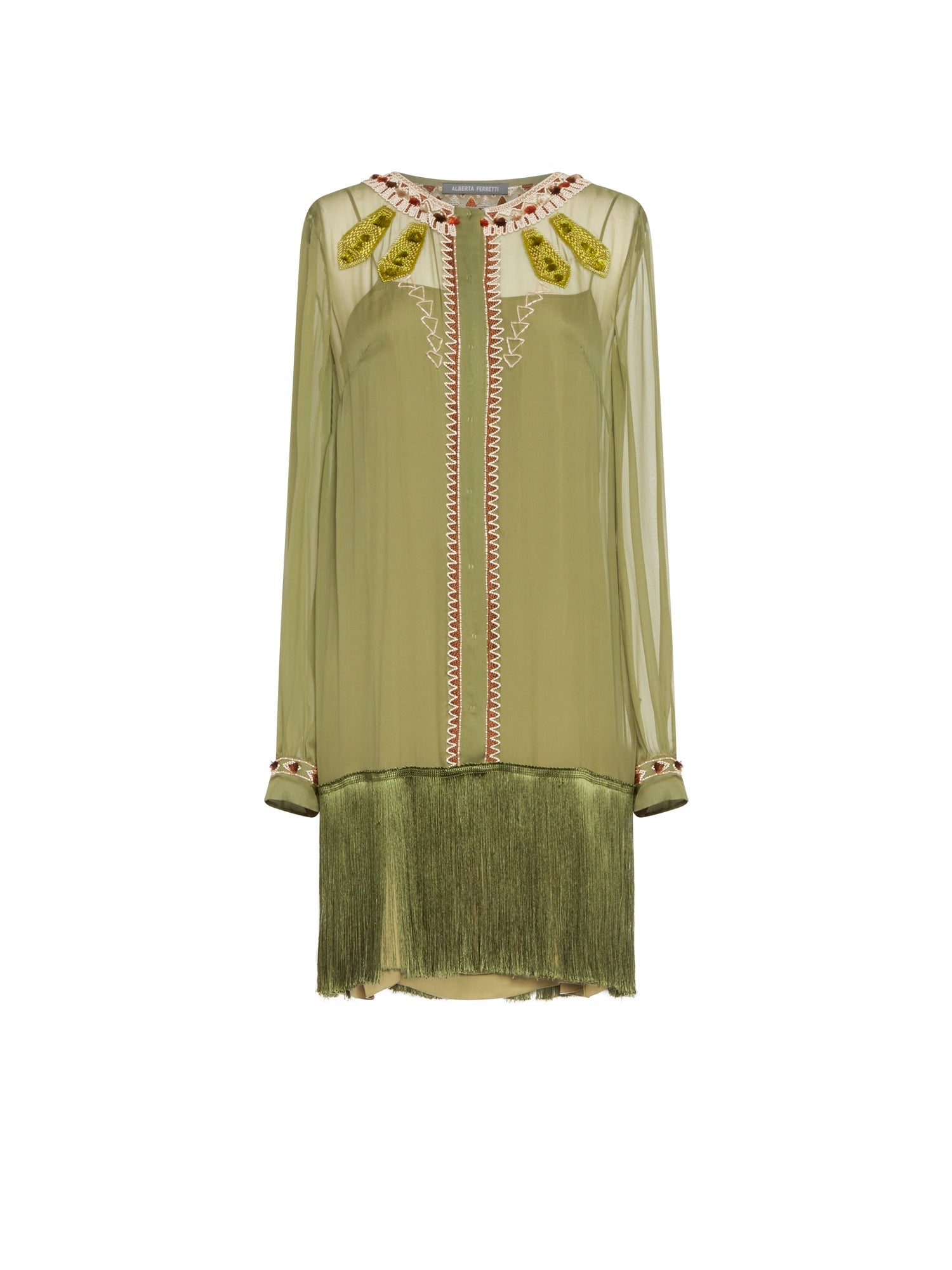 Robe courte A.Ferretti détails franges en soie  - Vert