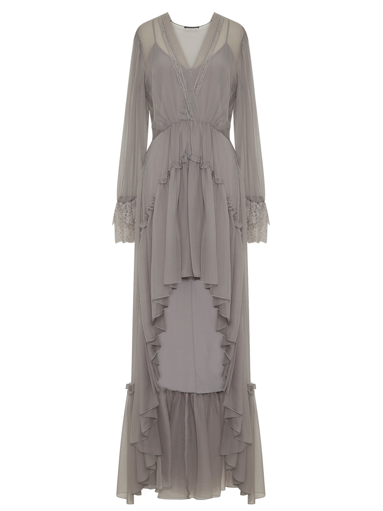 Robe longue A.Ferretti à volants en soie  - Gris