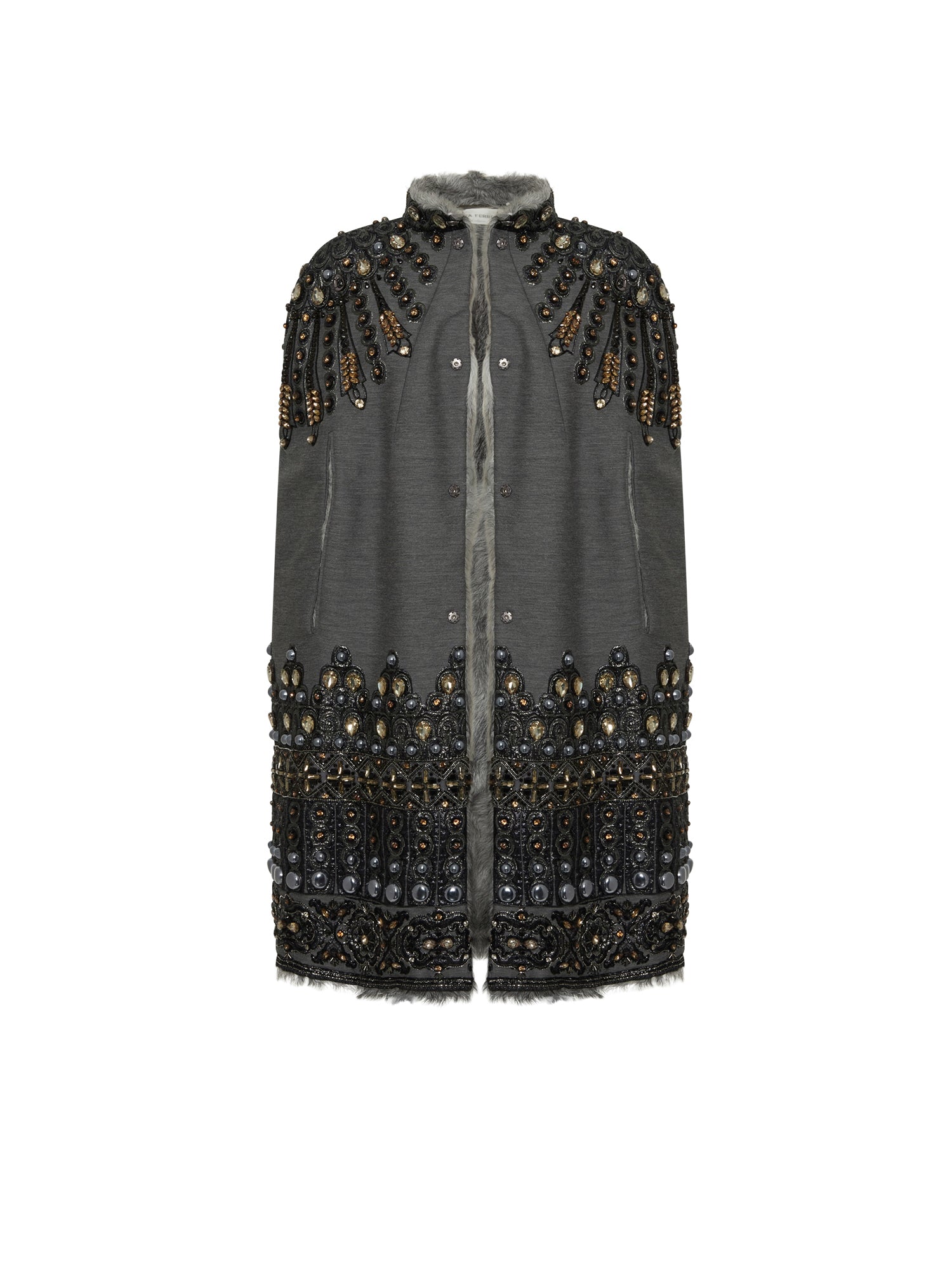 Cape longue A.Ferretti brodé doublure en fourrure - Gris