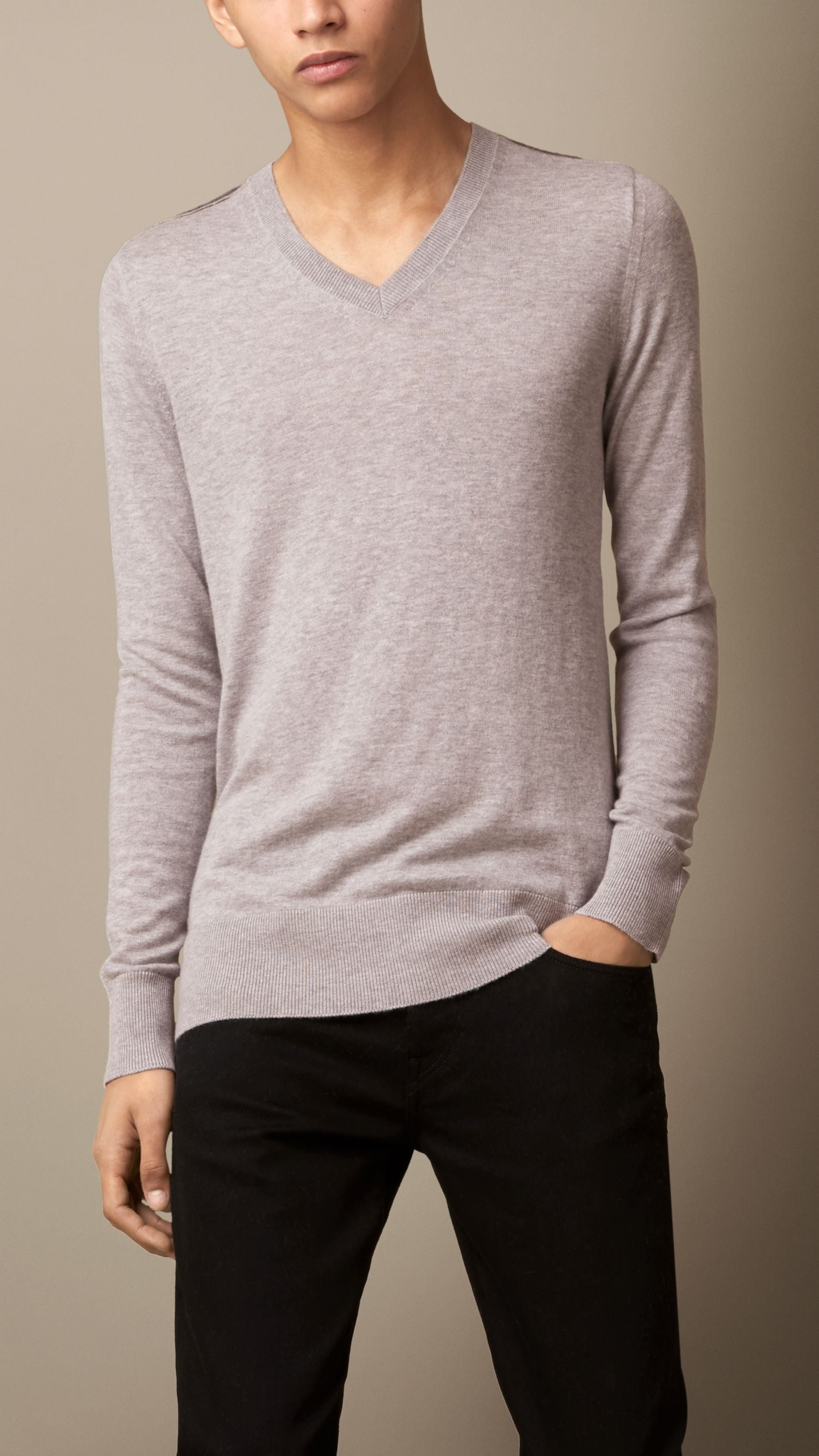 PALE GREY MELANGE Pull en cachemire et coton avec touches de check