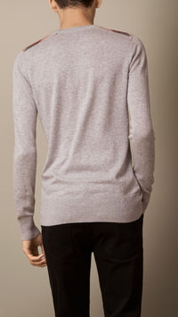 PALE GREY MELANGE Pull en cachemire et coton avec touches de check