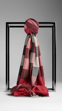 BRIGHT ROSE CHECK Foulard en soie et cachemire à motif check