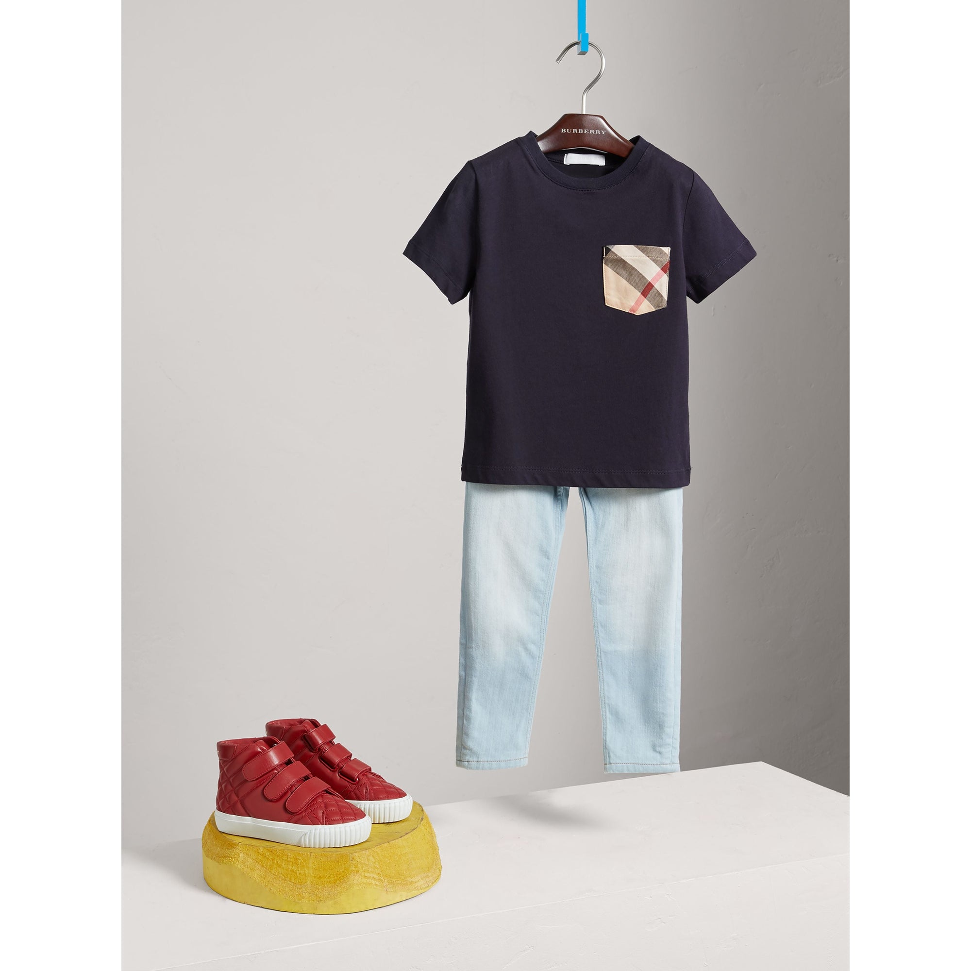 T-shirt en coton avec poche à motif check - Marine véritable