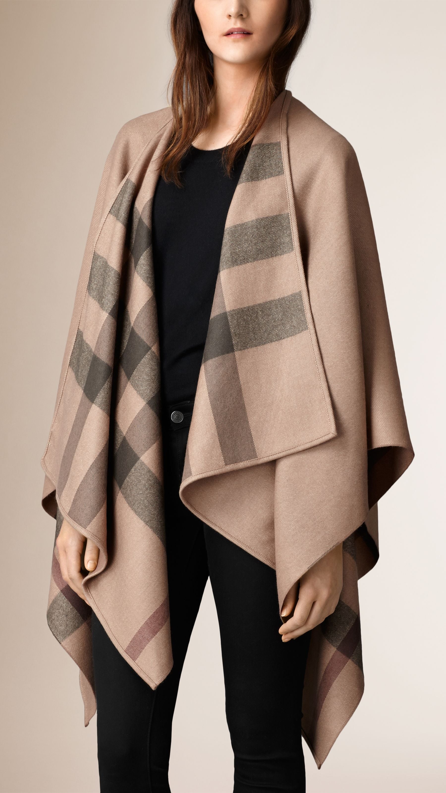 SMOKED TRENCH CHECK Poncho en laine doublé du motif check