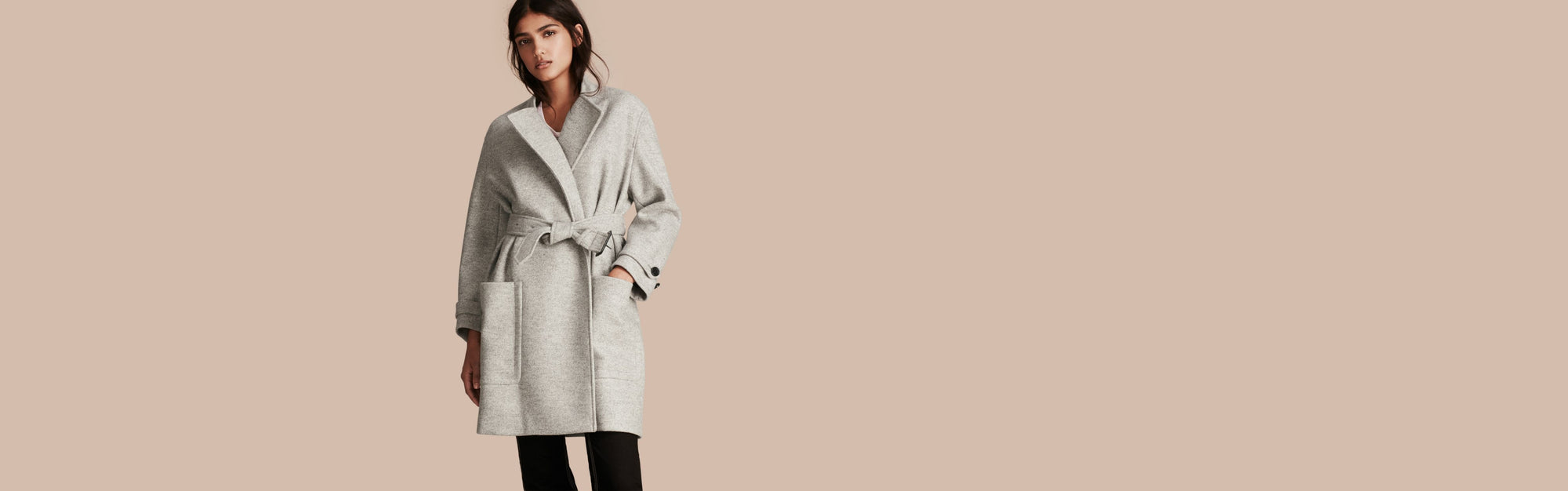 Manteau portefeuille ceinturé en laine - Camaïeu de Gris Pâles