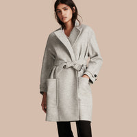 Manteau portefeuille ceinturé en laine - Camaïeu de Gris Pâles