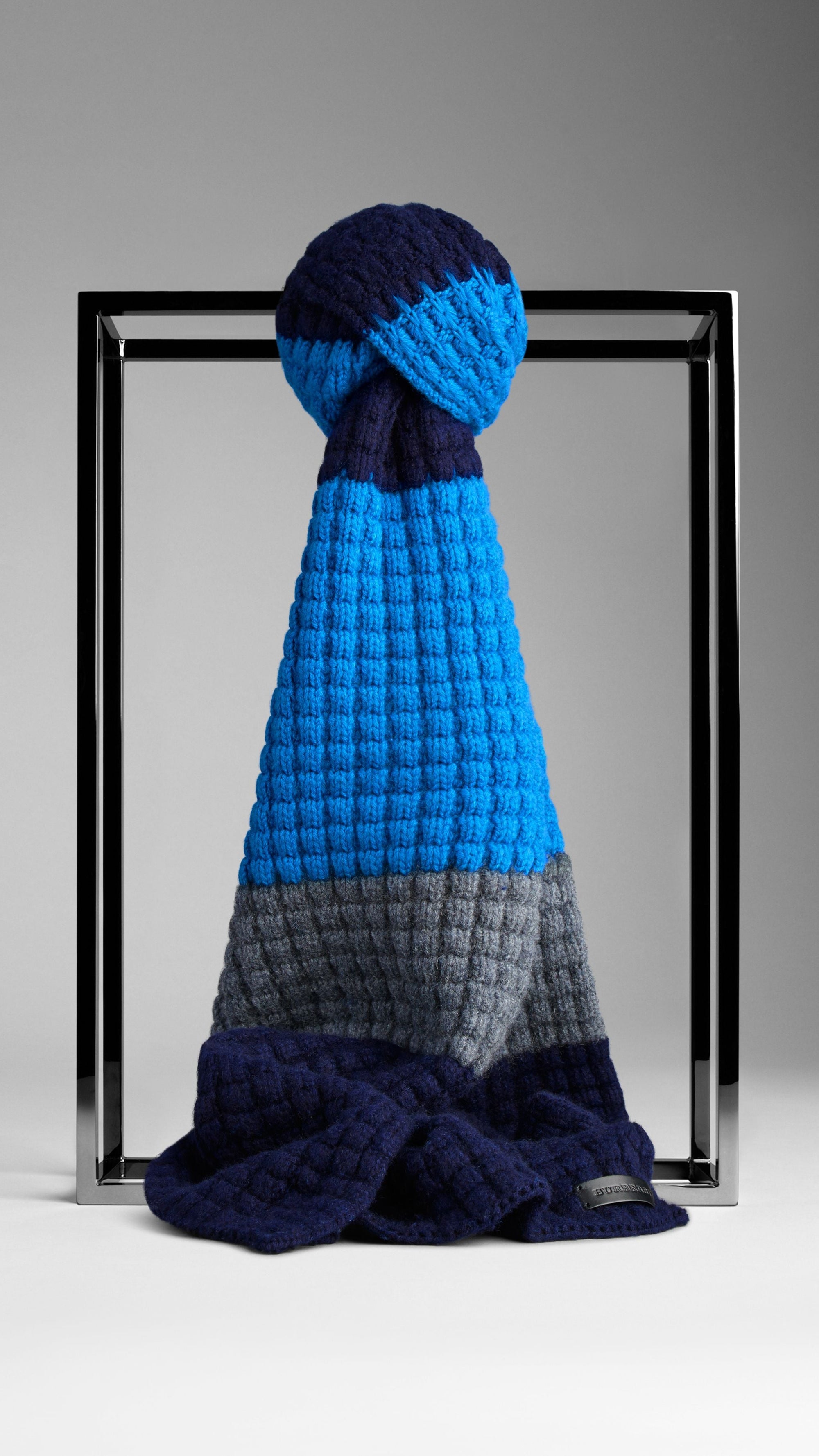 CERULEAN BLUE/NAVY Écharpe en maille gaufrée de laine et cachemire