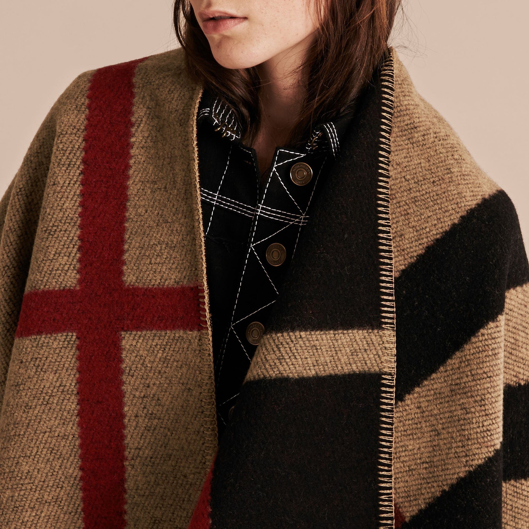 Poncho plaid en laine et cachemire à motif check - House check & noir