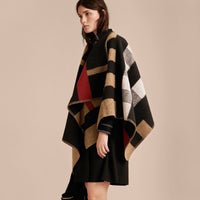 HOUSE CHECK/BLACK Poncho plaid en laine et cachemire à motif check
