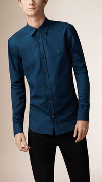 DEEP TEAL BLUE Chemise en coton extensible avec éléments check