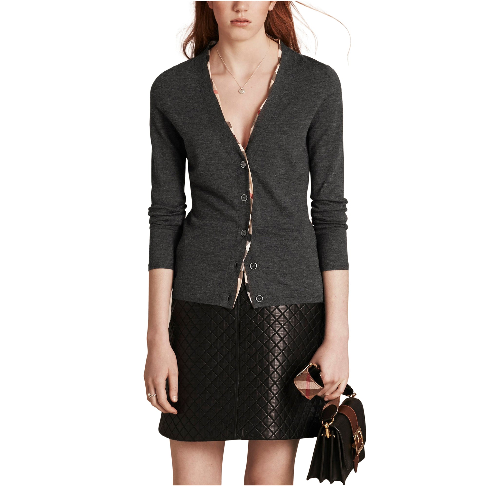 Cardigan en laine avec patte à motif check - Camaïeu de Gris Sombres