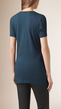 T-shirt en v en jersey de coton - Indigo moyen