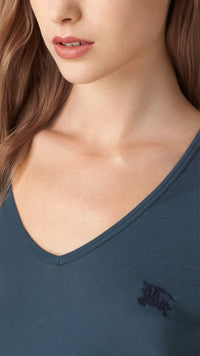 T-shirt en v en jersey de coton - Indigo moyen