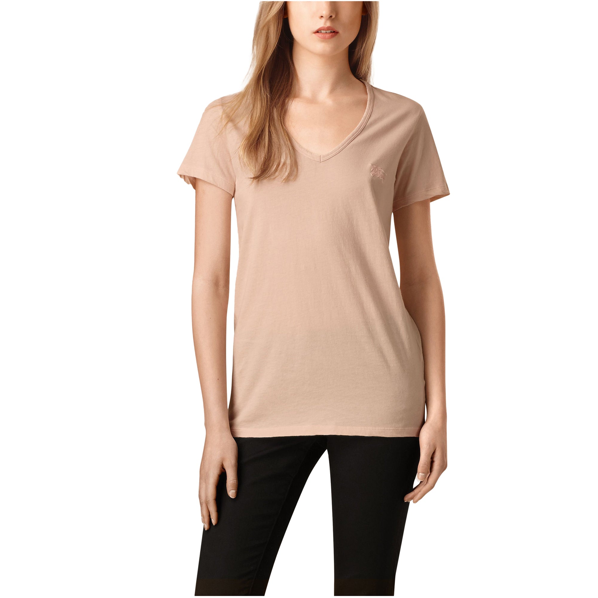 T-shirt en V en jersey de coton - Rose Dragée