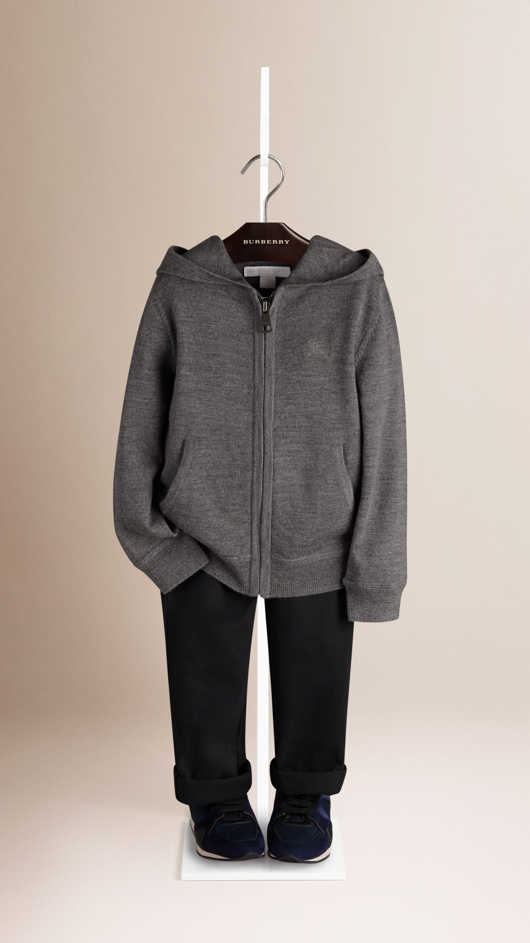 MID GREY MELANGE Haut en laine à capuche avec ornements check