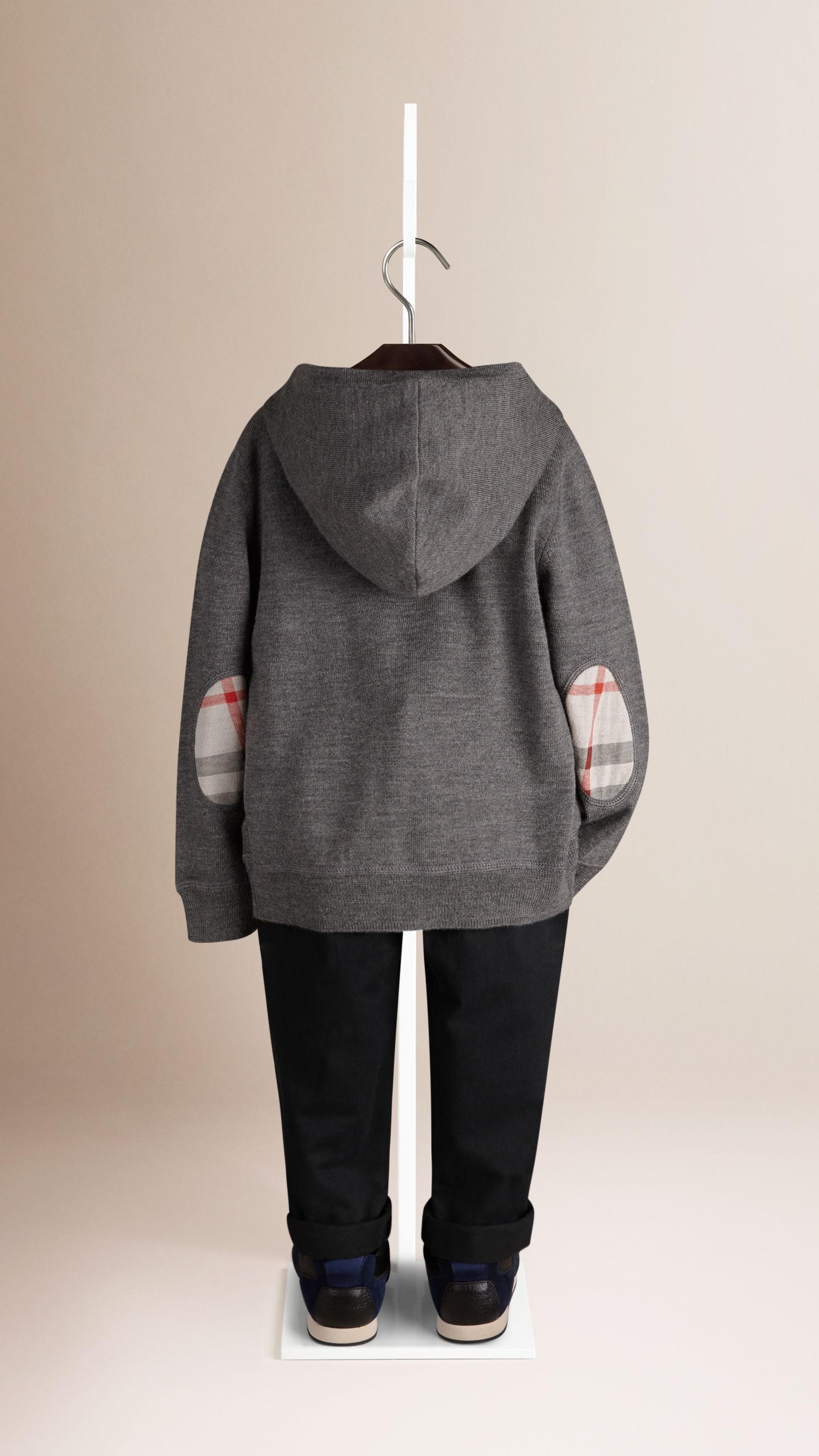 MID GREY MELANGE Haut en laine à capuche avec ornements check