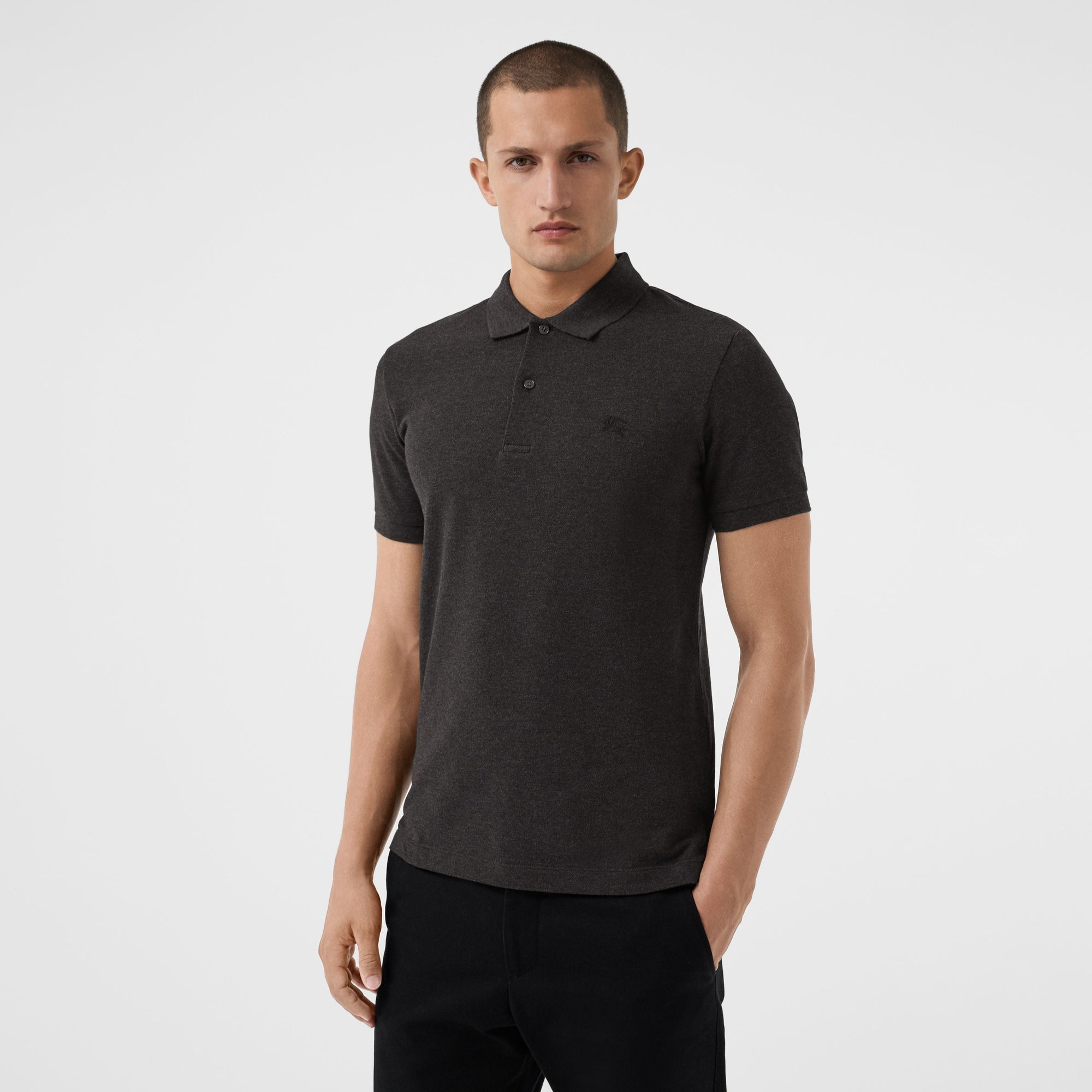 DARK CHARCOAL MEL Polo en piqué de coton avec patte à motif check