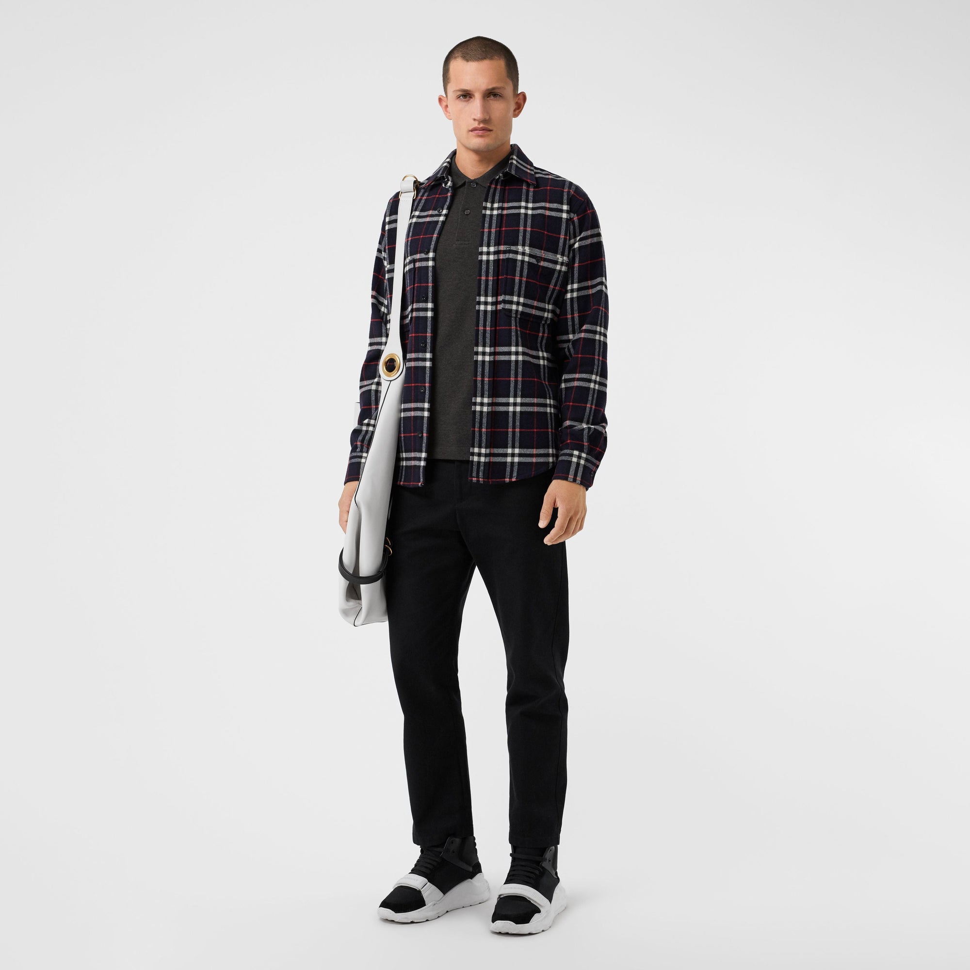 DARK CHARCOAL MEL Polo en piqué de coton avec patte à motif check